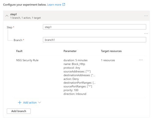 screenshot of the experiment config in the azure portal
